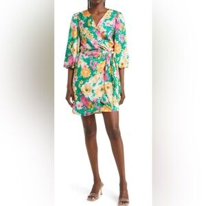 Charles Henry Dress Green Multi Floral Satin Wrap Bubble Sleeve Side Tie EUC M